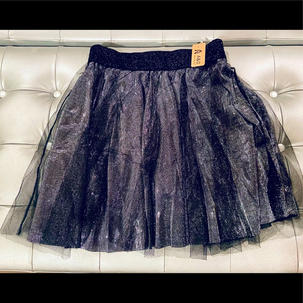 A & O International Metallic Dark Gray Netted Glitter Skirt - Elastic Waistband